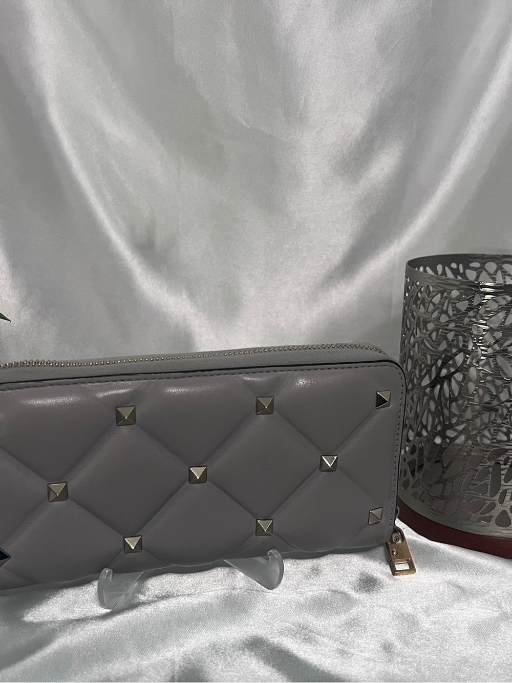 Preloved Valentino Garavani Quilted Stud Zip Wallet - Gray w COA
